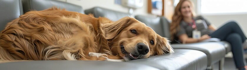 Therapy dogs in a clinical setting within a dimension where animals and humans share a deep telepathic bond