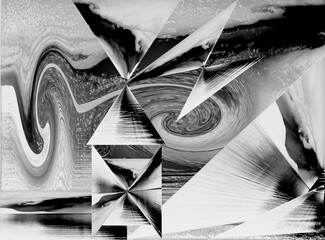 horizontal abstract art design of storm clouds over water. surreal fantasy concept with swirls, squares and triangular shapes.