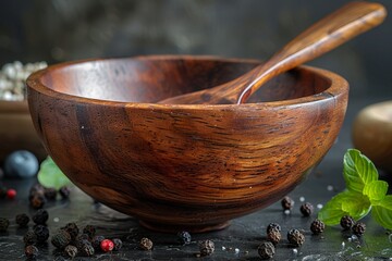 Detailed capture of a handcrafted wooden bowl with a spoon on a rustic background with spices