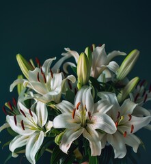 Fototapeta na wymiar A woman holds a bountiful bouquet of pure white lilies
