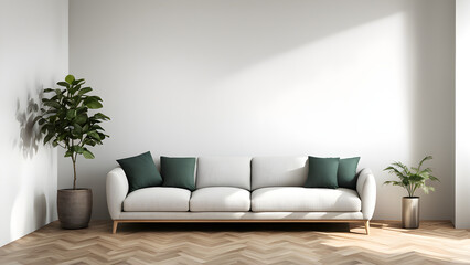Modern style interior decoration, soft sofa with green plants placed next to it, and a casual bedroom