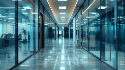 Fototapeta premium Blurred glass wall of modern office building in business district for corporate background concept