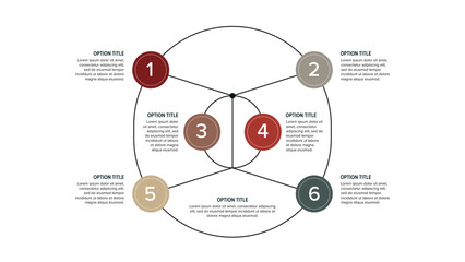 Business process chart infographics with 6 step circles. Round workflow graphic elements. Company flowchart presentation slide. Vector info graphic in flat design