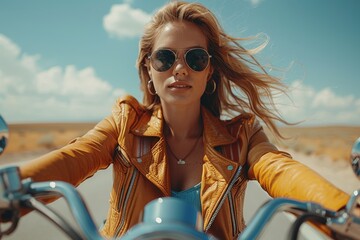 A blonde woman exudes freedom as she rides a motorcycle in a desert landscape, her hair flowing in the wind