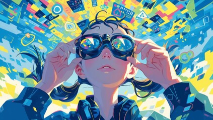 A young girl wearing goggles is looking up at an abstract head, which has various colorful symbols and shapes floating above her in the air. She appears to be holding binoculars or glasses