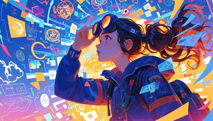 A young girl wearing goggles is looking up at an abstract head, which has various colorful symbols and shapes floating above her in the air. She appears to be holding binoculars or glasses.