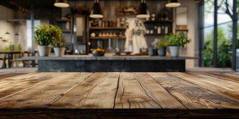 empty wooden table  in modern kitchen interior with Blurred background . for product display, copy space. A kitchen counter in a home or restaurant, 