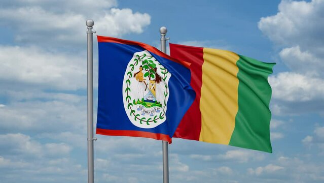 Republic of Guinea and Belize two flags waving together, looped video, two country relations concept