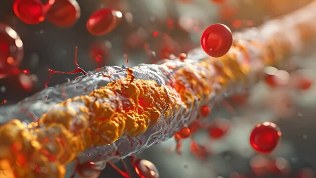 Close-Up View of Cholesterol Buildup in Blood Vessel With Blood Cells