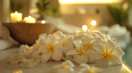 Obraz na płótnie Canvas Candles and Frangipani in Soothing Spa Ambiance