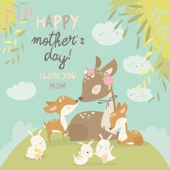 Cartoon Deer family. Mother and baby. Cute animals for Mothers Day. Animals mom and baby.