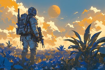 An astronaut stands on the surface of an alien planet, with planets and moons in the sky behind him. The background is a sunset that casts long shadows