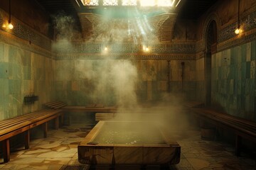 Steam bath in a room with a tiled floor. Hammam background.  - obrazy, fototapety, plakaty