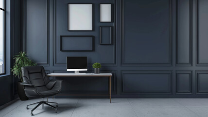 modern office with dark wall with blank poster frame
