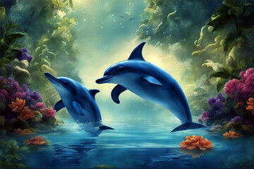 Naklejka premium watercolor Dolphins Two illustration blue dolphin splash animal mammal art sea white drawing wave gital