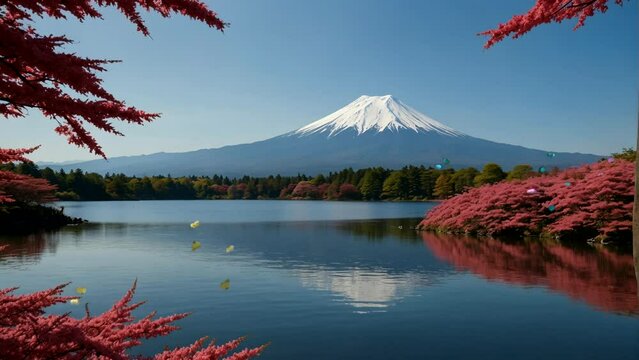 Spring scenery with beautiful cherry blossom trees and butterflies dancing by the lake, with Mt. Fuji in the background Seamless looping 4k time-lapse animation video background