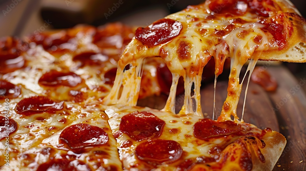 Poster Pepperoni pizza with a slice taken out with appetizing cheese pull