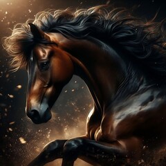 Elegant sport horse font sombre, photographe haute qualité HD beaucoup de détails cheval sauvage, des éclats de sable à  l'arrière , flou a l arrière