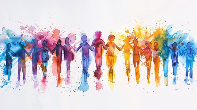 Abstract watercolor painting of diverse people group united, colorful brushstrokes/splashes form figures holding hands in circle. Vibrant colors, flowing forms, unity illustration