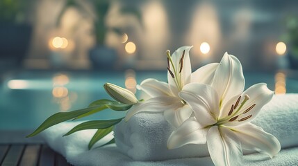 Serene Spa Concept with White Lilies and Towels