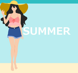 夏休みに海を満喫する女性のポスターイラスト
