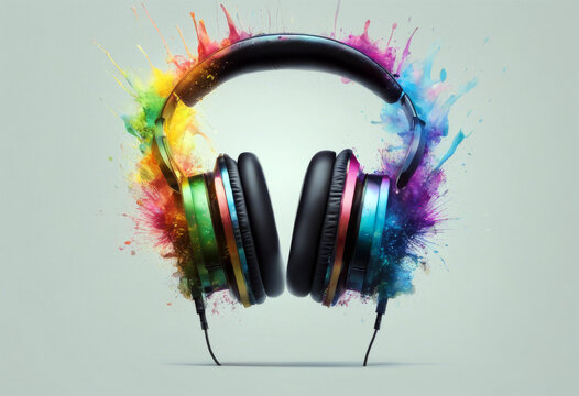 music concert earphones splash rainbow paint isolated artistic audio beautiful closeup colourful composition concept creative decoration design device digital disco dj element festival