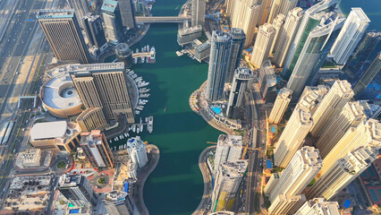 Aerial view of Dubai Marina. Dubai Marina is an affluent residential neighborhood known for The Beach at JBR.	 - 789246727