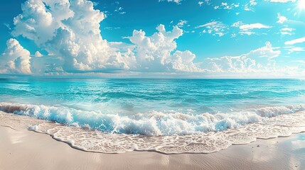 Beautiful beach with white sand, turquoise ocean water and blue sky with clouds in sunny day. Panoramic view. Natural background for summer vacation. copy space for text.