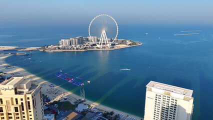 Aerial view of Dubai Marina. Dubai Marina is an affluent residential neighborhood known for The Beach at JBR.	 - 789246738