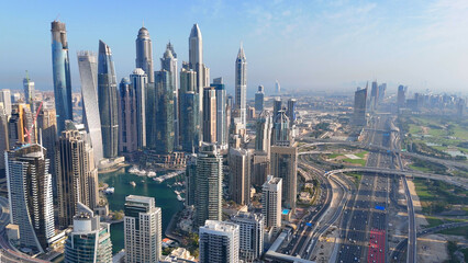 Aerial view of Dubai Marina. Dubai Marina is an affluent residential neighborhood known for The Beach at JBR.	 - 789246795
