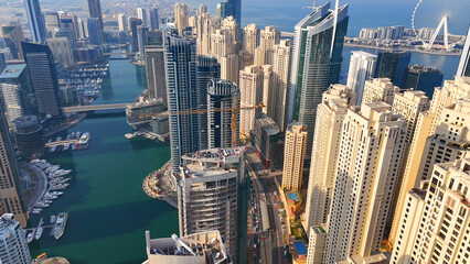 Aerial view of Dubai Marina. Dubai Marina is an affluent residential neighborhood known for The Beach at JBR.	 - 789246921