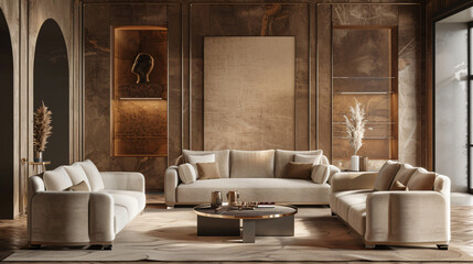 Luxury living room in warm colors. Brown beige walls 