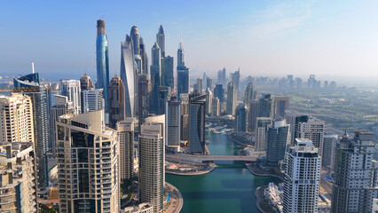Aerial view of Dubai Marina. Dubai Marina is an affluent residential neighborhood known for The Beach at JBR.	 - 789246957