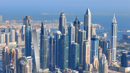 Aerial view of Dubai Marina. Dubai Marina is an affluent residential neighborhood known for The Beach at JBR.	 - 789246966