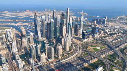 Aerial view of Dubai Marina. Dubai Marina is an affluent residential neighborhood known for The Beach at JBR.	 - 789246994