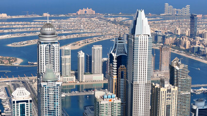 Aerial view of Dubai Marina. Dubai Marina is an affluent residential neighborhood known for The Beach at JBR.	 - 789246996