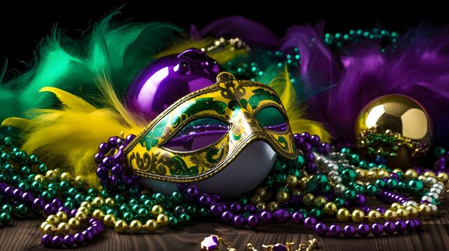 AI generated Mardi Gras celebration, costume, mask, mystery, gold, party generated by AI Pro Photo

