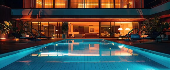 Lit swimming pool and building exterior at night