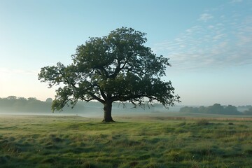 : A single, solitary tree standing tall in an open field, bathed in soft morning light