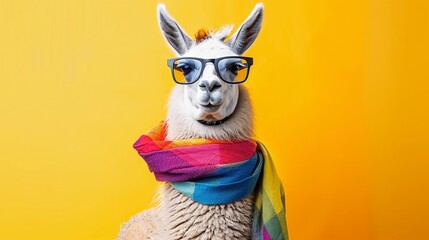 Llama in vogue A stylish llama dons sunglasses and a multicolored scarf, against a lemon yellow - obrazy, fototapety, plakaty