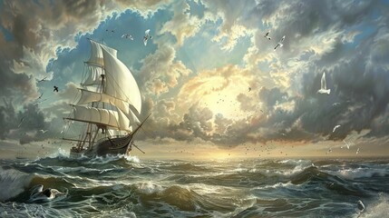 Mythical journey Capturing a tall ships surreal emergence from an eggshell, with the sea and sky alive with birds - obrazy, fototapety, plakaty