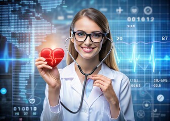 Medicine a young beautiful girl is a cardiologist with glasses in an office with a stethoscope. Red numeric codes in the form of a heart rhythm on a virtual screen. Digital technologies of the future.