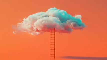 Minimalist dream A sleek, azure ladder ascending to a soft, solitary cloud on a tangerine canvas - obrazy, fototapety, plakaty