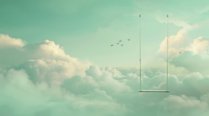 Skybound serenity Capturing a peaceful swing from a cloud, with birds below, against a gentle mint background - obrazy, fototapety, plakaty