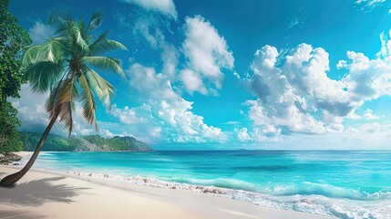 Fototapeta na wymiar Beautiful palm tree on tropical island beach on background blue sky with white clouds and turquoise ocean on sunny day. Perfect natural landscape for summer vacation. copy space for text.