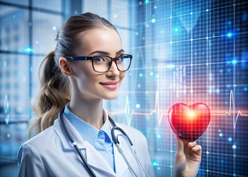 Medicine a young beautiful girl is a cardiologist with glasses in an office with a stethoscope. Red numeric codes in the form of a heart rhythm on a virtual screen. Digital technologies of the future.