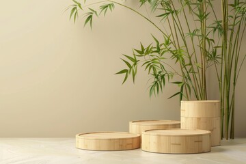 Four Wooden Podiums For Product Presentation Isolated On a Clean Background With Bamboo Tree