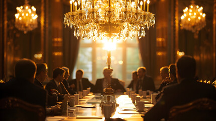 A chandelier sparkling vividly in the forefront. surrounded by executives sitting around a boardroom table with documents