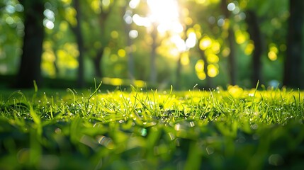 Beautiful spring landscape with a lawn of young lush grass against the background of defocused trees of the park, the sun's rays shining through the branches of the tree.