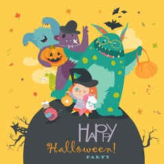 Cute girl with funny monsters. Halloween party - obrazy, fototapety, plakaty